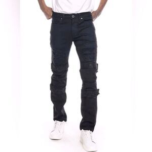 New Platform100 Men’s Strapped Black Denim Jeans Size 44” x 32” Streetwear